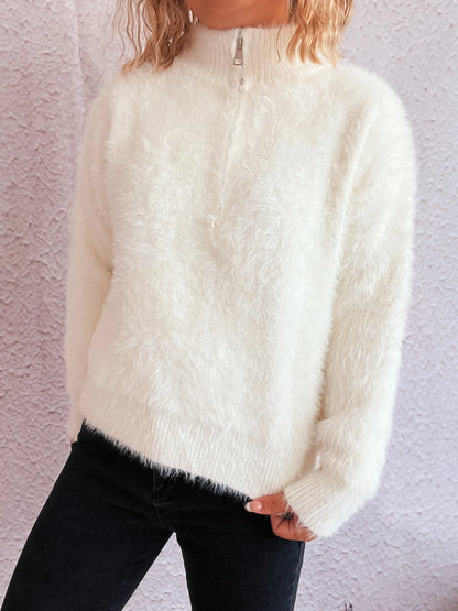 Cozy Fuzzy Half-Zip Sweater for Women in white, crafted from 100% polyester, slightly stretchy and perfect for stylish comfort. This machine washable sweater features a chic half-zip design, ideal for casual outings or lounging at home.