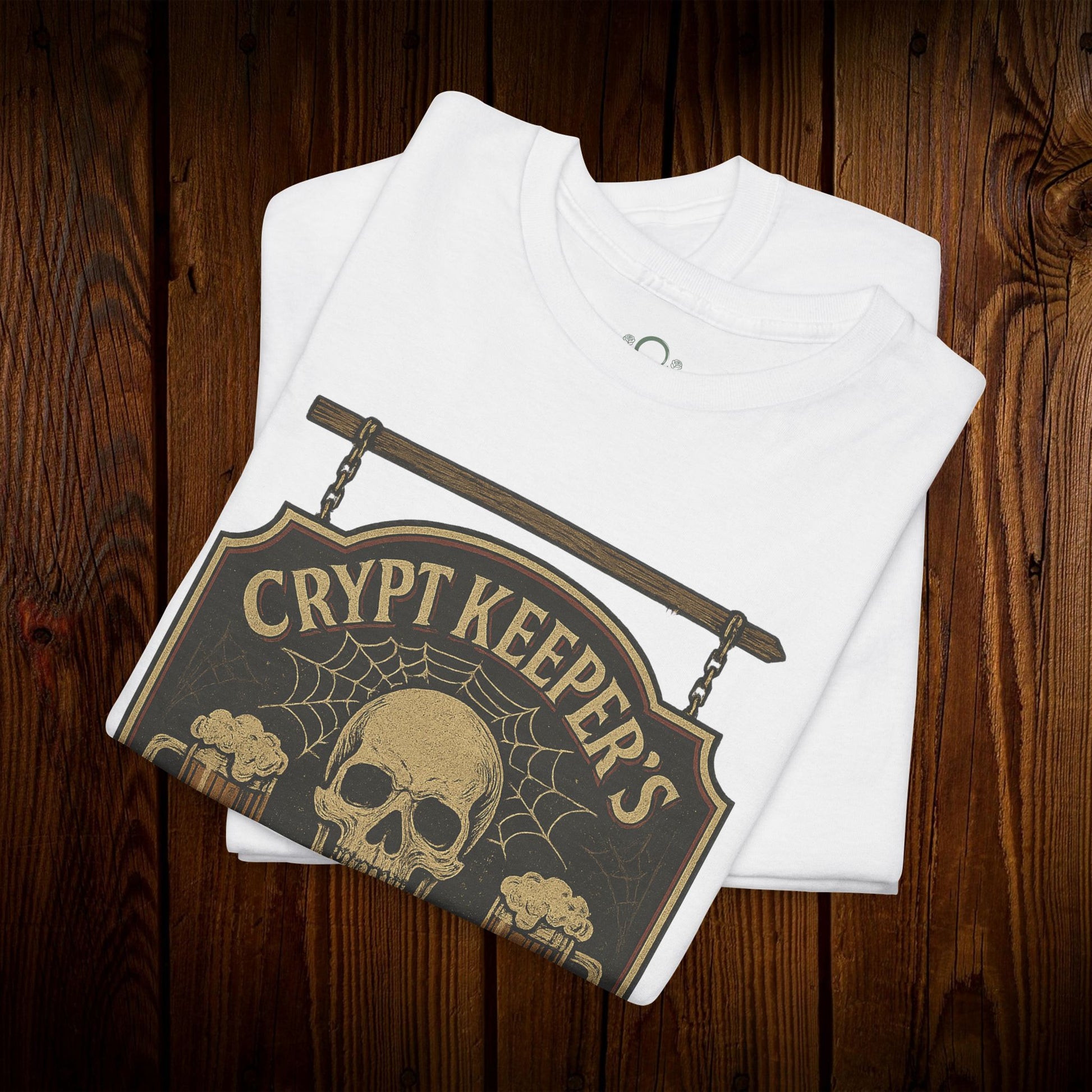 Crypt Keeper's Pub Tee in classic white, adorned with a stylish skull graphic on a durable cotton fabric, great for Halloween and casual events.