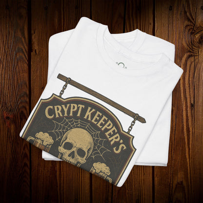 Crypt Keeper's Pub Tee in classic white, adorned with a stylish skull graphic on a durable cotton fabric, great for Halloween and casual events.