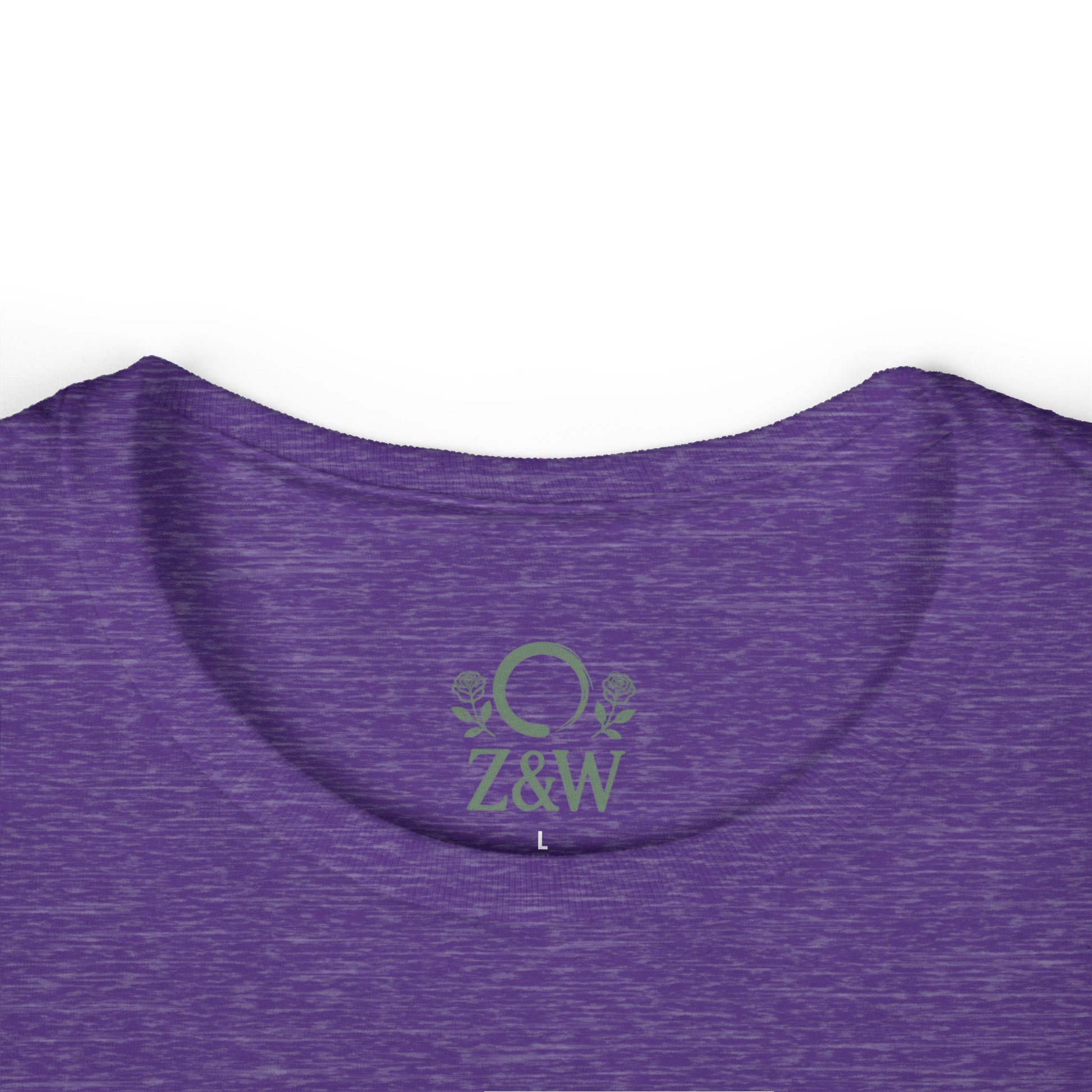 Detailed view of the purple round neckline of a Cozy Plant Guitar Sweatshirt featuring Z&W and floral embroidery, showcasing its cozy design.