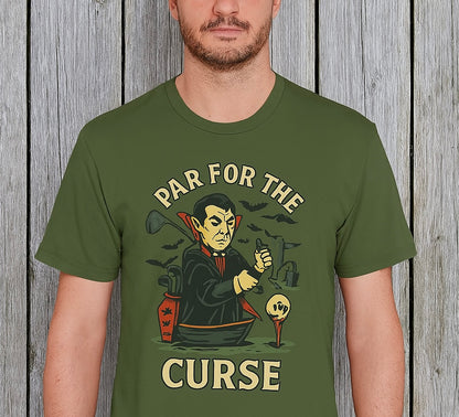 Funny Halloween Unisex T-Shirt featuring the design 'Par For The Curse,' showcasing a vampire character with a spooky golf theme against a rustic wooden background.