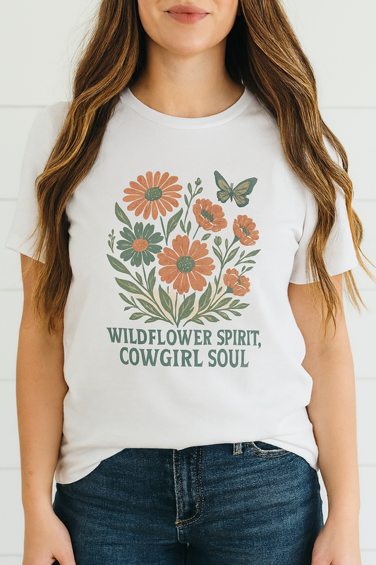 Wildflower Spirit Cotton Tee featuring a beautiful floral design with a butterfly, showcasing premium soft fabric, perfect for a comfortable fit.