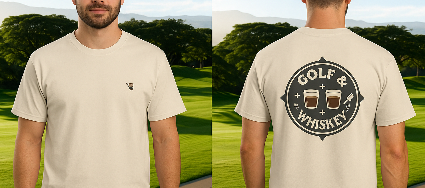 Model wearing Men's Golf & Whiskey Tee in natural color, showcasing front and back designs set against a lush green golf course backdrop.