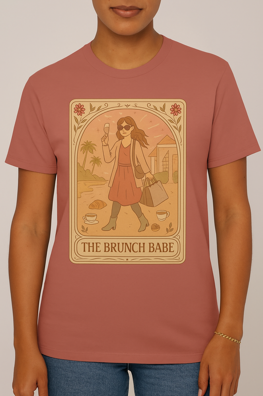 Brunch Babe Tarot Graphic Tee modeled by a woman, showcasing a stylish design with warm colors, perfect for casual fashion lovers.