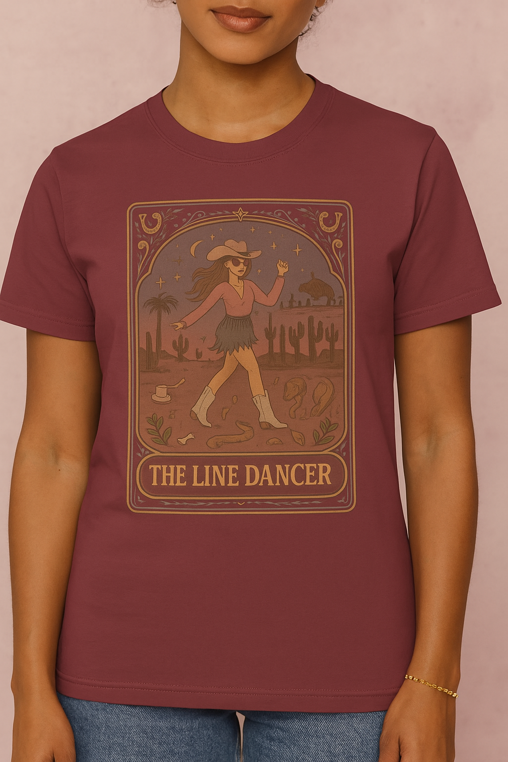 Line Dancer Tarot Tee featuring a unique cowboy design in a rich maroon color, perfect for casual outings. Available in various sizes from S to 4XL.