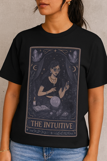 Intuitive Tarot Tee displayed on a model wearing a black premium 100% cotton t-shirt, featuring a mystical tarot design perfect for fans of spirituality and tarot reading.