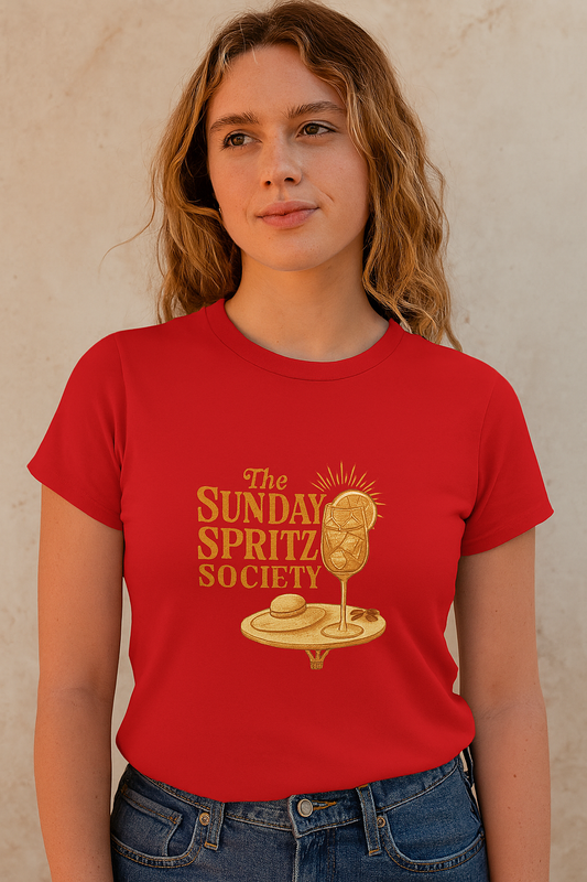Women's Midweight Cotton Tee featuring a vibrant red color with 'The Sunday Spritz Society' graphic design, showcasing a fun cocktail theme, perfect for casual wear.