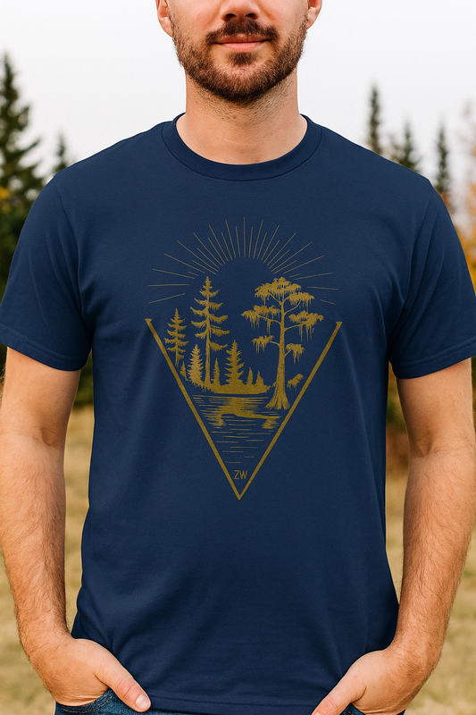 Nature Outdoor Vibes Tee modeled by a man, featuring a beautiful graphic design of trees and a lake in gold on a navy background, crafted from 100% US cotton for seamless comfort.