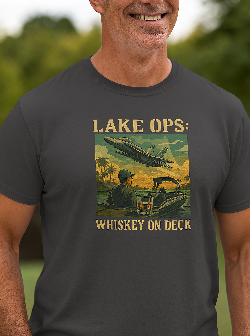Garment-Dyed Comfort Tee For Adults featuring 'Lake Ops: Whiskey on Deck' graphic, ideal for casual wear, available in various colors and sizes.
