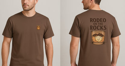 Rodeo On The Rocks Tee featuring a stylish graphic of a drink on the front and back, made from soft 100% US cotton, available in multiple sizes from S to 4XL for a perfect fit.
