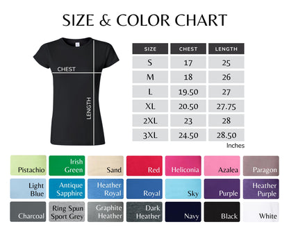Mamacita Margarita Cotton Tee size and color chart, showcasing available sizes S to 3XL and a variety of color options. Perfect for choosing your fit and style for this soft and eco-friendly t-shirt.