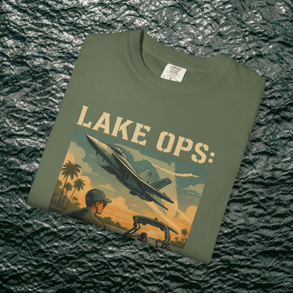 Folded Garment-Dyed Comfort Tee For Adults in olive green with 'Lake Ops: Whiskey on Deck' artwork, suitable for casual outings and adventures.