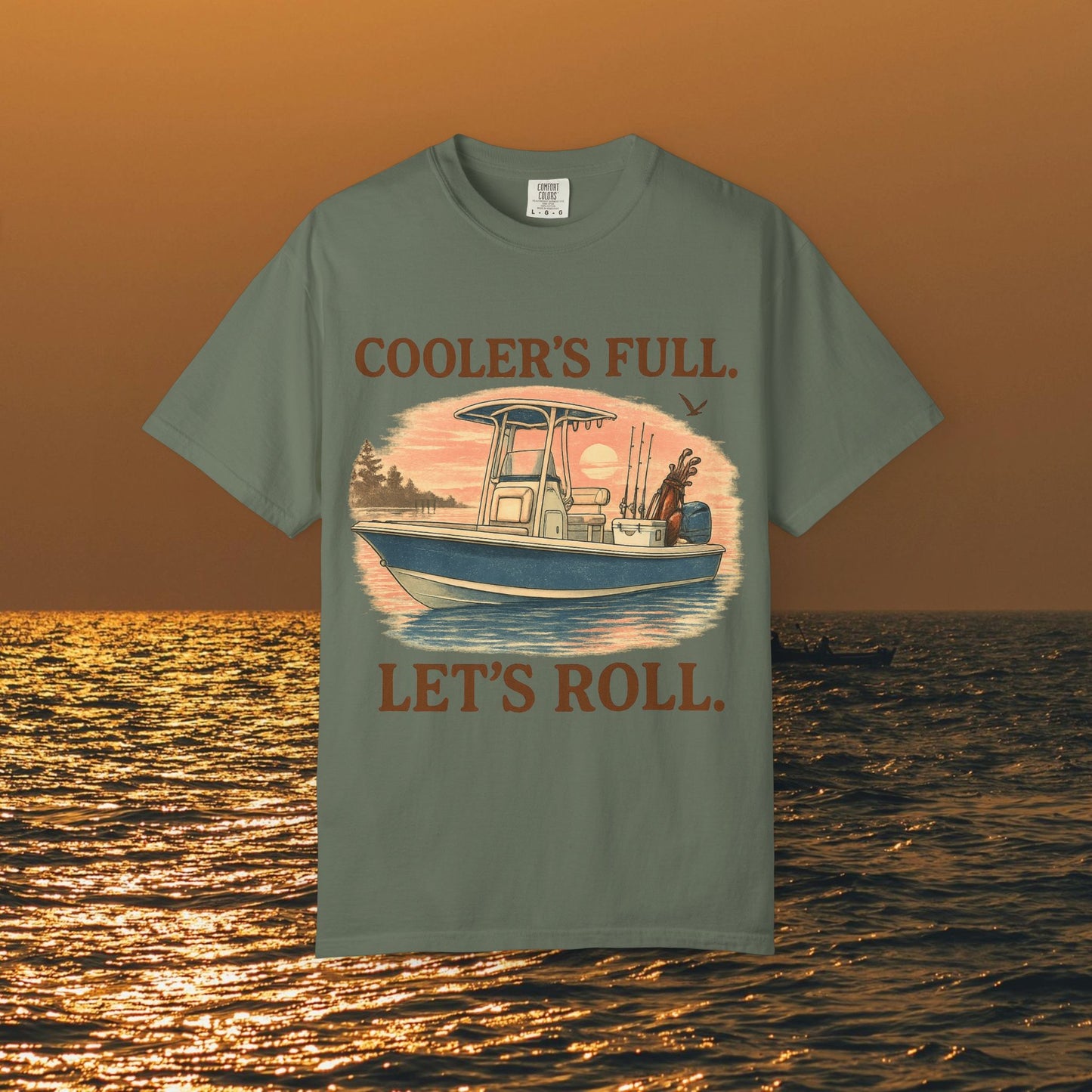 Men's & Women's Durable Cotton Full Tee in olive green displaying a fun boat graphic and the slogan 'COOLER'S FULL. LET'S ROLL.' Perfect for casual wear.