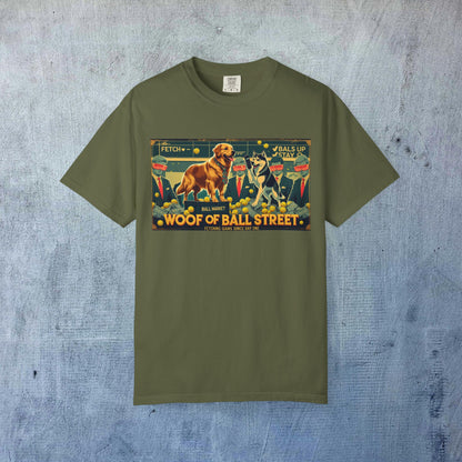 Sleek Woof of Ball Street T-Shirt in olive green displaying charming dog and cat artwork, great for everyday comfort.