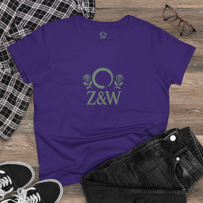 ZenAndWhiskey Classic 100% Cotton Tee in purple, featuring Z&W logo with roses, perfect for casual wear.