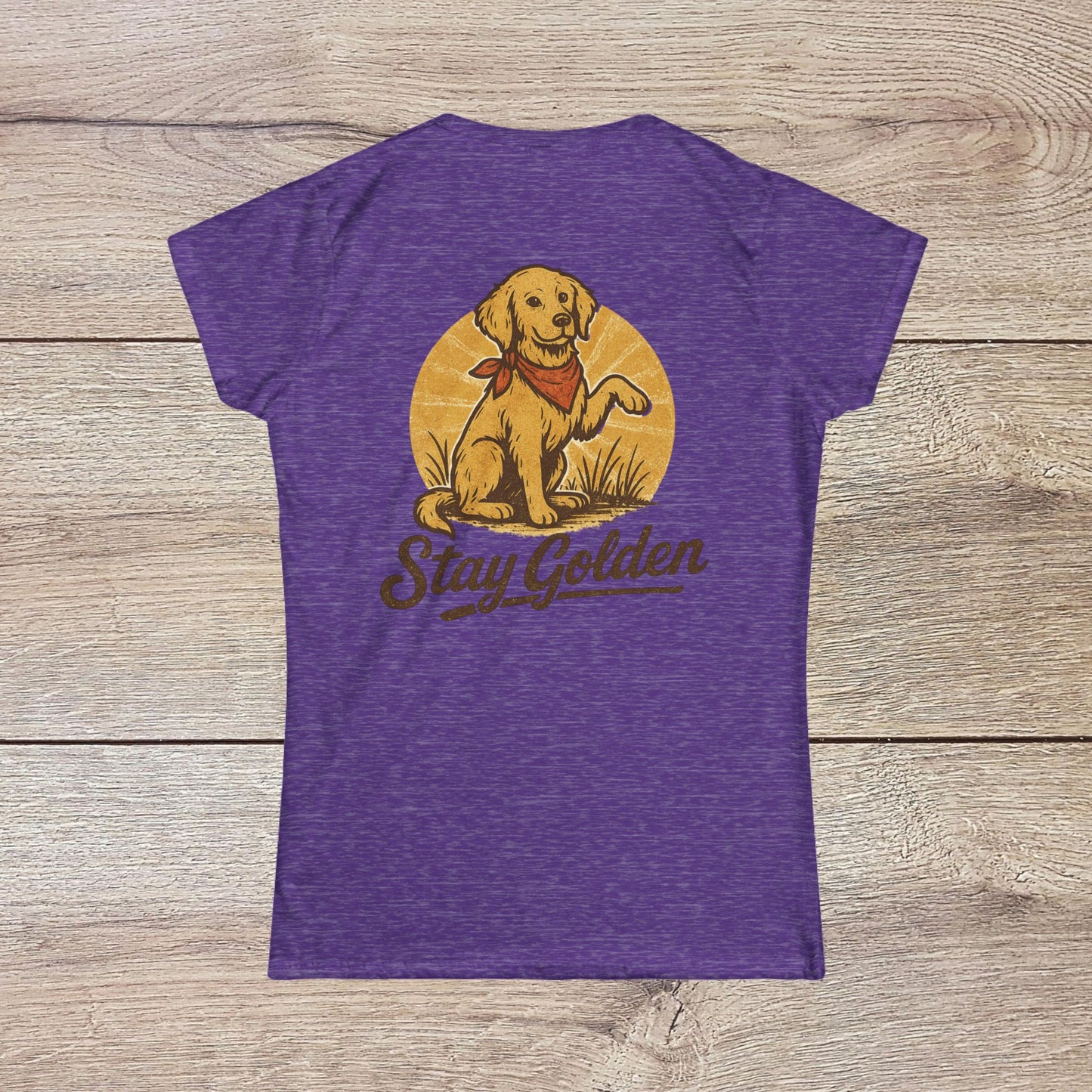 Back view of the Stay Golden Dog Tee in purple, displaying a cheerful dog illustration with the caption 'Stay Golden' in contrasting colors.