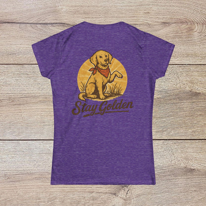 Back view of the Stay Golden Dog Tee in purple, displaying a cheerful dog illustration with the caption 'Stay Golden' in contrasting colors.