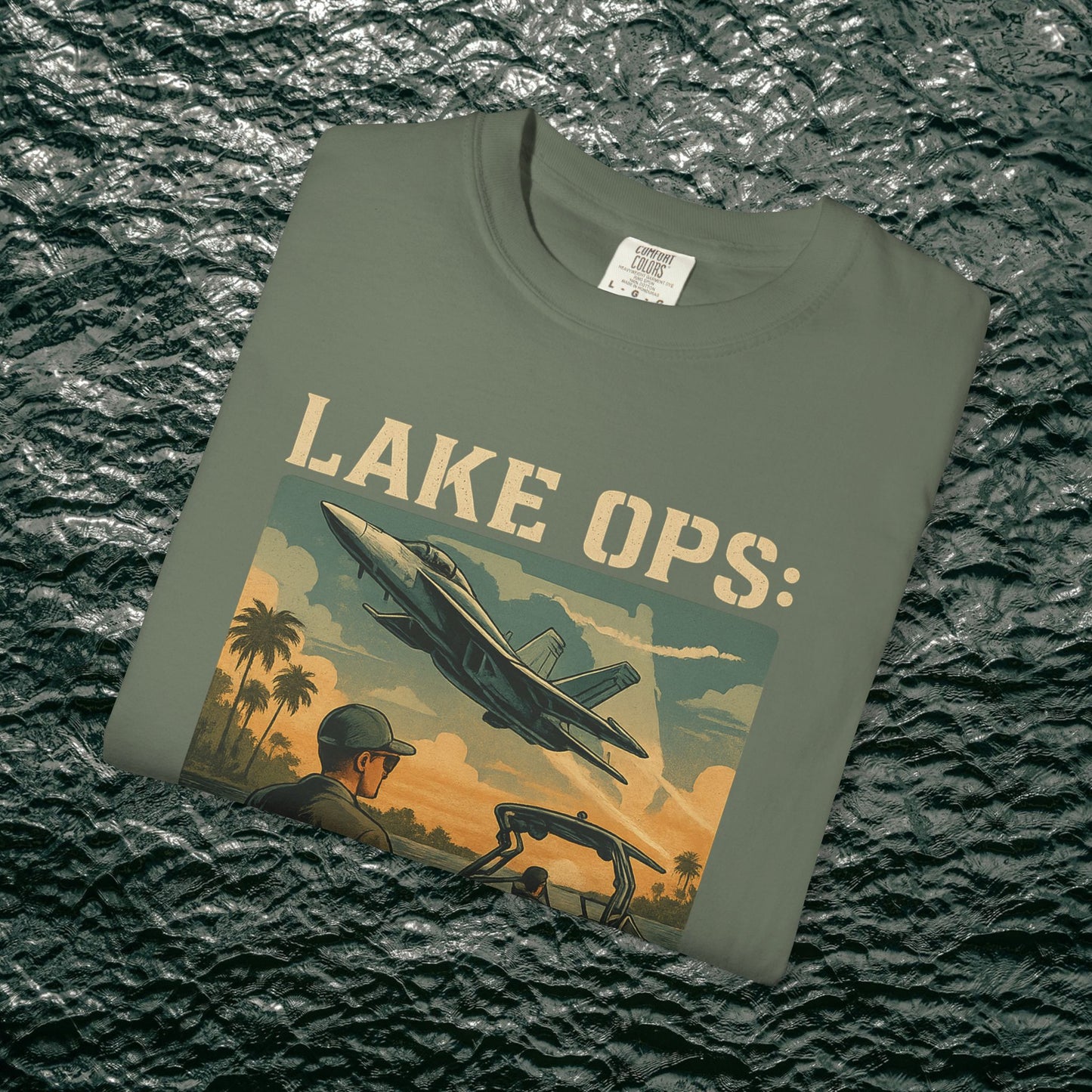 Garment-Dyed Comfort Tee for Adults in a trendy olive green color, featuring an eye-catching 'Lake Ops' graphic design, made from high-quality 100% ring-spun cotton.