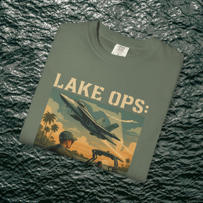 Garment-Dyed Comfort Tee for Adults in a trendy olive green color, featuring an eye-catching 'Lake Ops' graphic design, made from high-quality 100% ring-spun cotton.