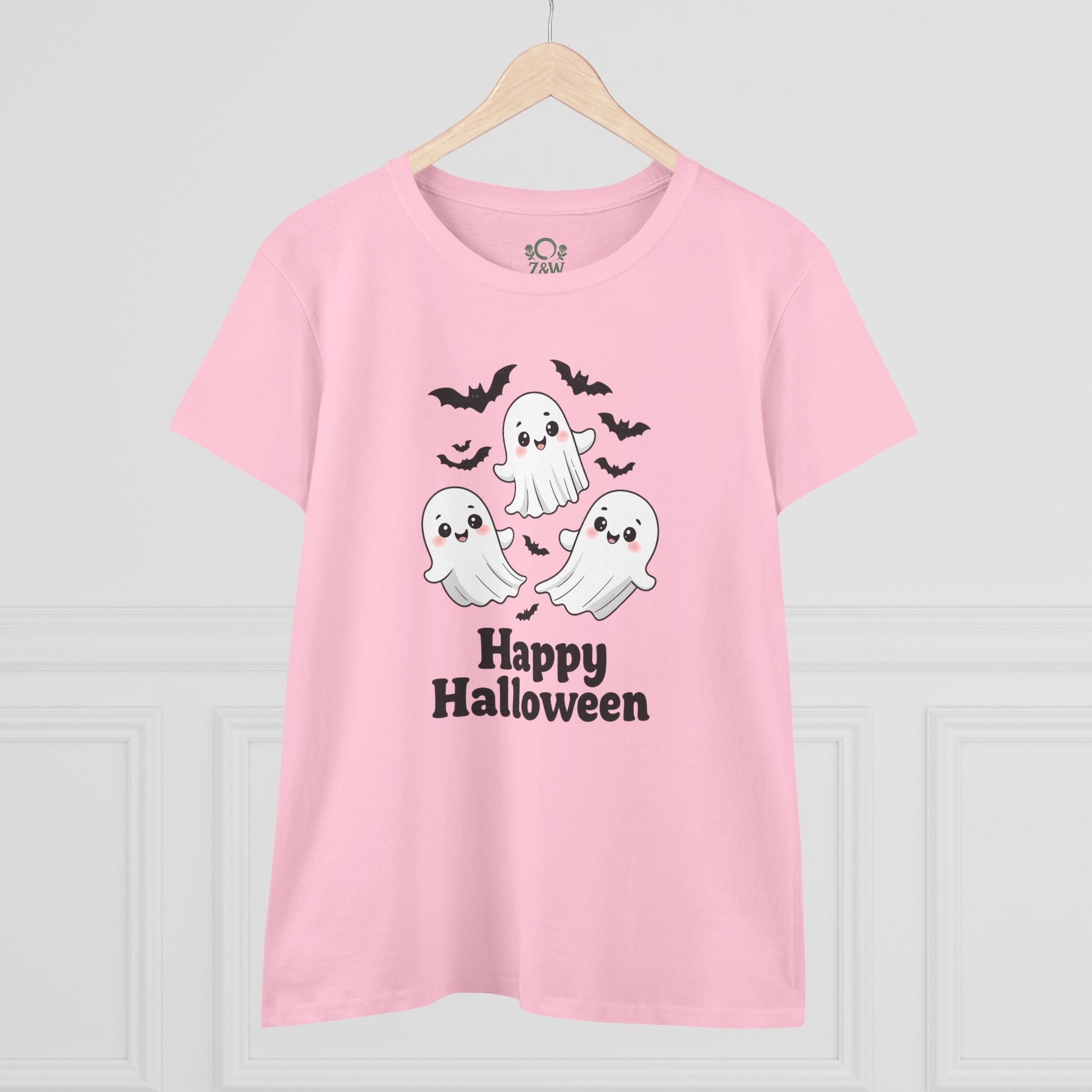 Front view of a Cute Halloween Ghost T-Shirt for Kids & Adults, Unisex Spooky Tee, Soft Cotton Halloween Apparel featuring adorable ghosts and bats on a pink shirt.