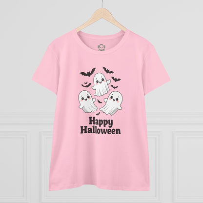 Front view of a Cute Halloween Ghost T-Shirt for Kids & Adults, Unisex Spooky Tee, Soft Cotton Halloween Apparel featuring adorable ghosts and bats on a pink shirt.