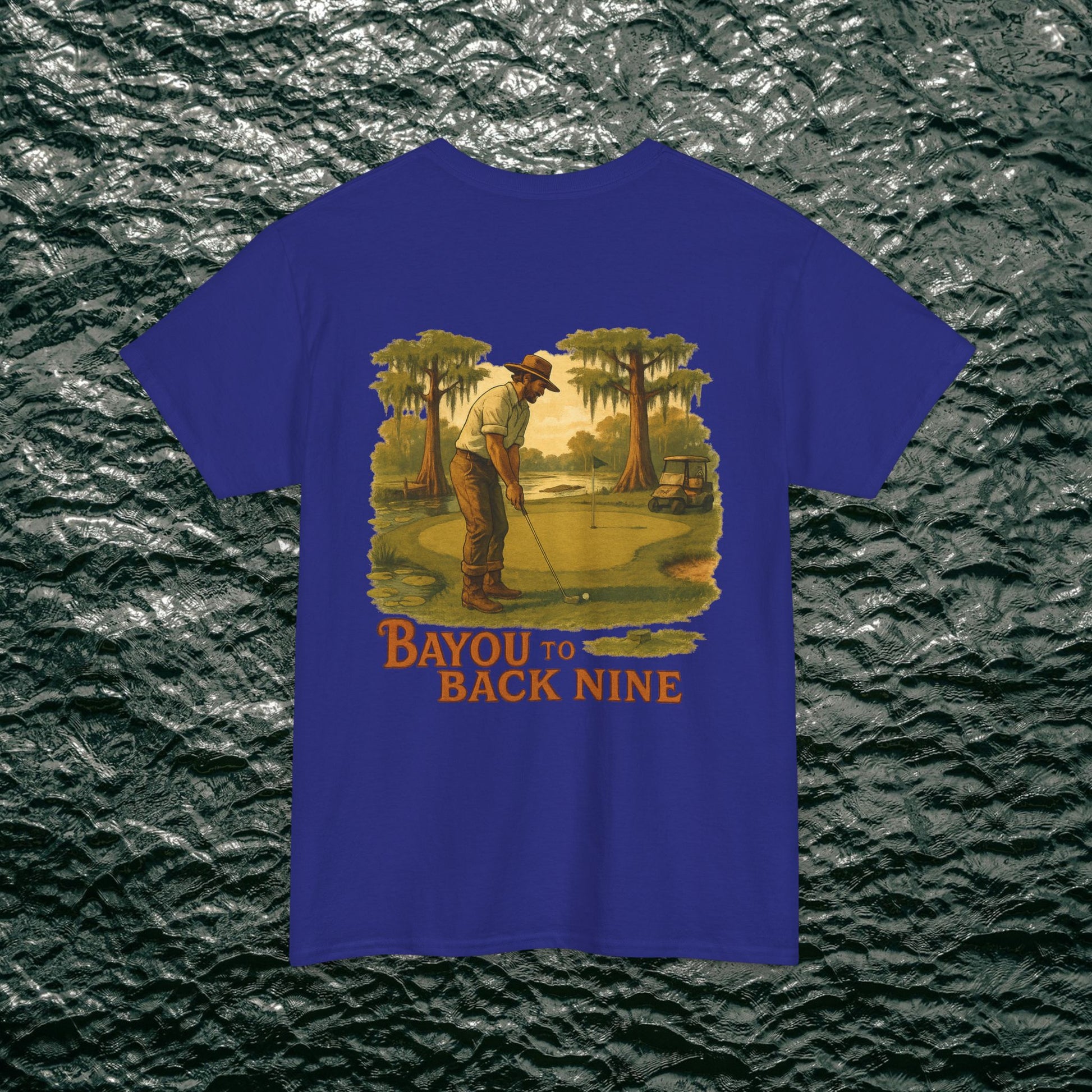 Bayou To Back Nine Softstyle Golf Tee with a charming golf player illustration on a vibrant purple t-shirt, designed for effortless comfort and style.