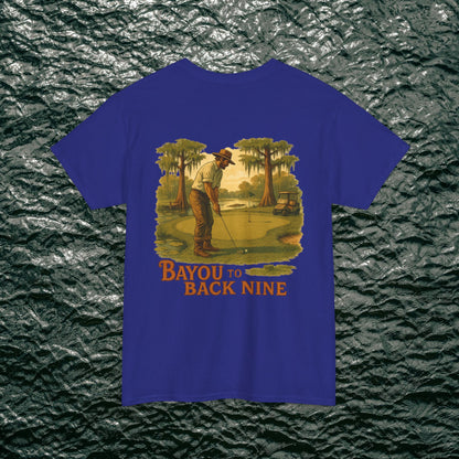 Bayou To Back Nine Softstyle Golf Tee with a charming golf player illustration on a vibrant purple t-shirt, designed for effortless comfort and style.