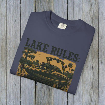 Unisex Garment-Dyed Lake Rules Tee showcasing a stylish design with a boat illustration, perfect for outdoor adventures. Ideal for casual wear.