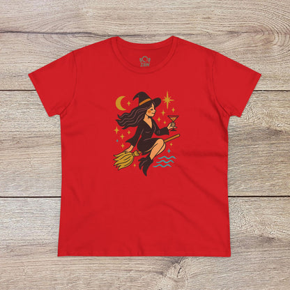 Witchy Night Out Tee available in bold red, featuring a charming witch flying on a broomstick with a drink, designed for stylish, comfortable wear.