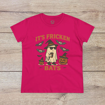 Halloween Unisex T-Shirt in bright fuchsia displaying a cheerful ghost with bats and pumpkins. Made from 100% cotton, an excellent choice for trick-or-treating.