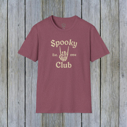 Unisex Spooky Club Tee in maroon, crafted from premium 100% cotton, displaying a skeleton hand motif and 'Spooky Club Est. 1994' writing, perfect for a spooky seasonal vibe.