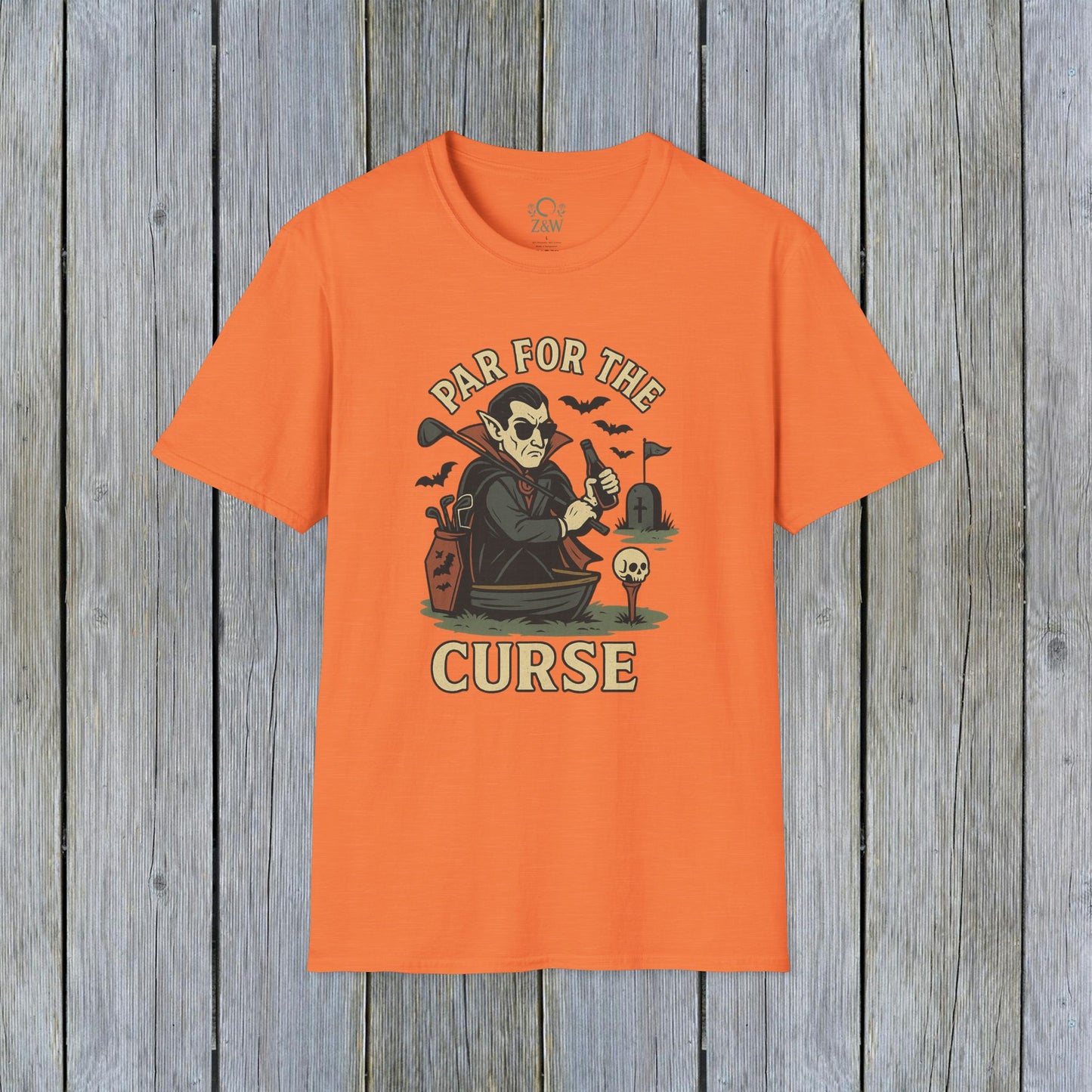 Funny Halloween Unisex T-Shirt showcasing 'Par For The Curse' graphic in a bright orange hue, a must-have for festive autumn wear.