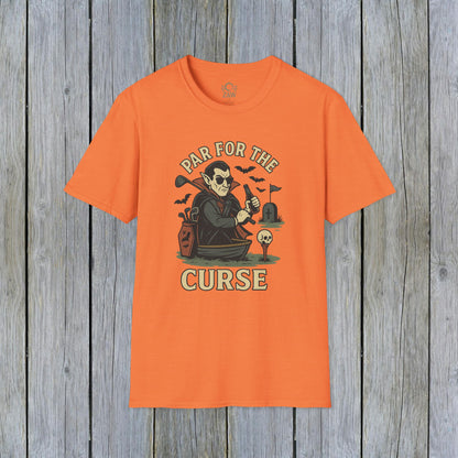 Funny Halloween Unisex T-Shirt showcasing 'Par For The Curse' graphic in a bright orange hue, a must-have for festive autumn wear.