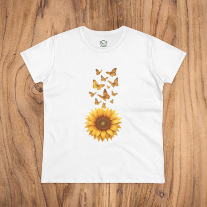 Sunflower & Butterflies Cotton Tee for Women in white, crafted from 100% breathable cotton with a beautiful sunflower and butterfly graphic.