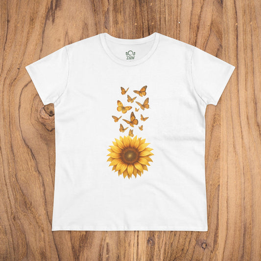 Sunflower & Butterflies Cotton Tee for Women in white, crafted from 100% breathable cotton with a beautiful sunflower and butterfly graphic.