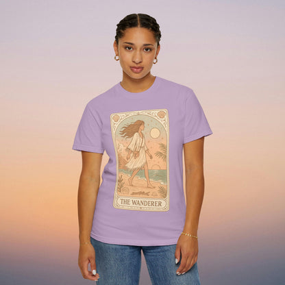 Wanderer Tarot Graphic Tee in vibrant purple, showcasing The Wanderer artwork. Made from high-quality 100% cotton, this tee is ethically produced and available in sizes S to 4XL for ultimate comfort.