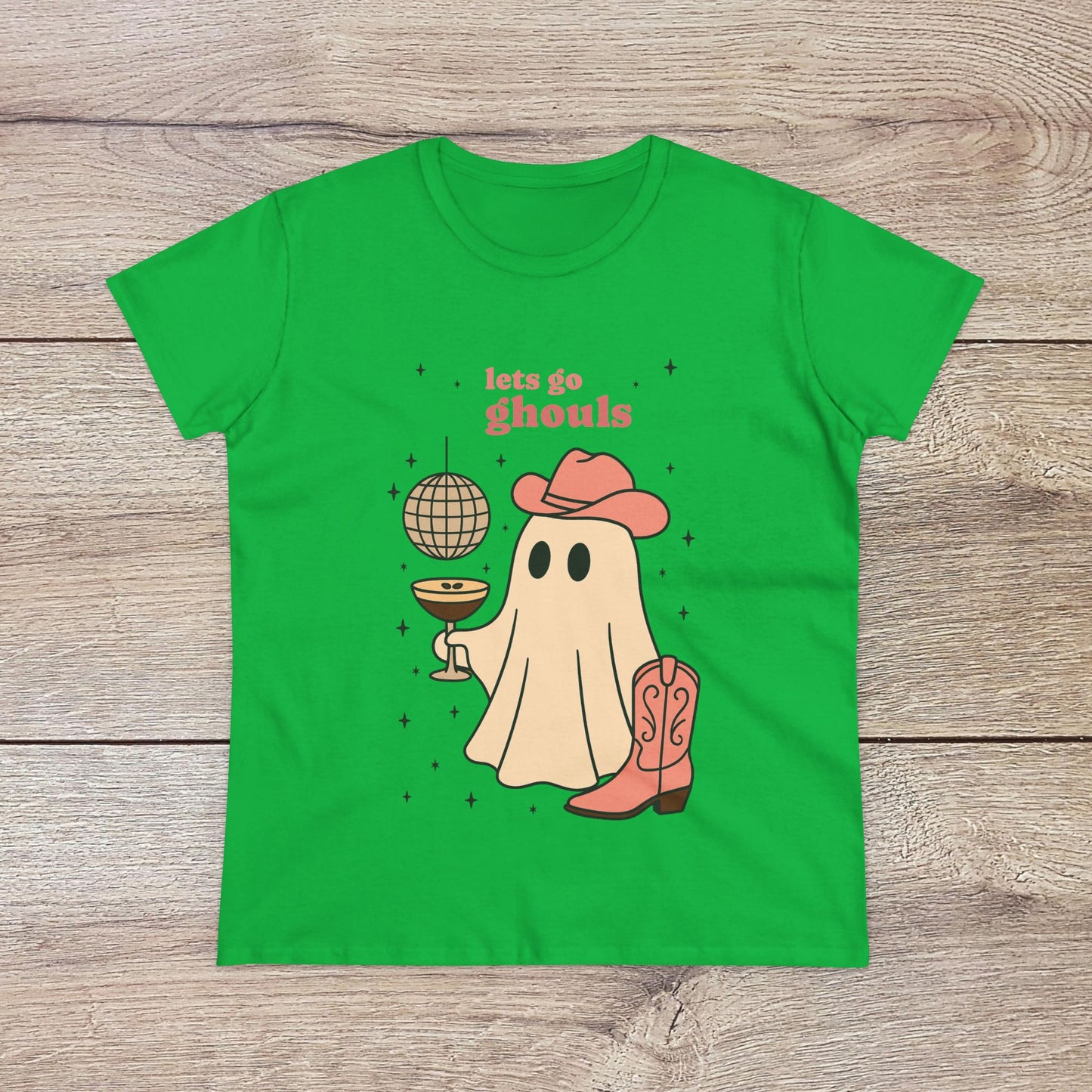 Let's Go Ghouls Tee in bright green showcasing a friendly ghost in a cowboy hat with matching boots, a fun addition to any Halloween outfit. Soft, lightweight, and durable cotton fabric.