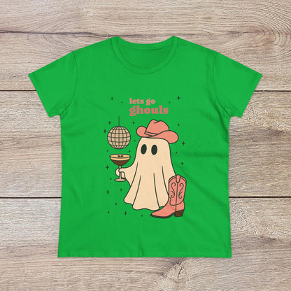 Let's Go Ghouls Tee in bright green showcasing a friendly ghost in a cowboy hat with matching boots, a fun addition to any Halloween outfit. Soft, lightweight, and durable cotton fabric.