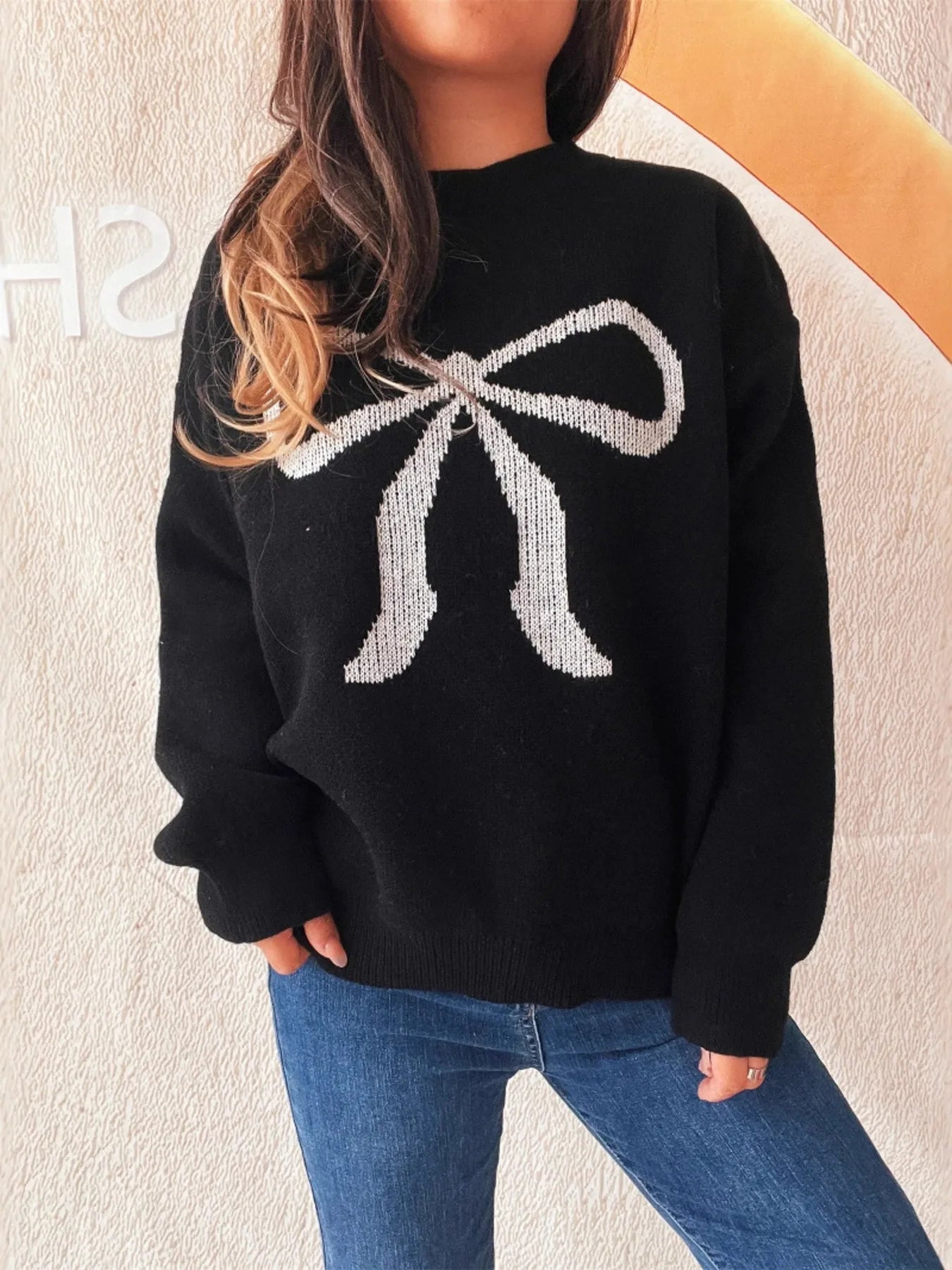 Stylish Bow Pattern Casual Long Sleeve Sweater for Effortless Everyday Wear featuring a black base and bow design, perfect for chic styling.