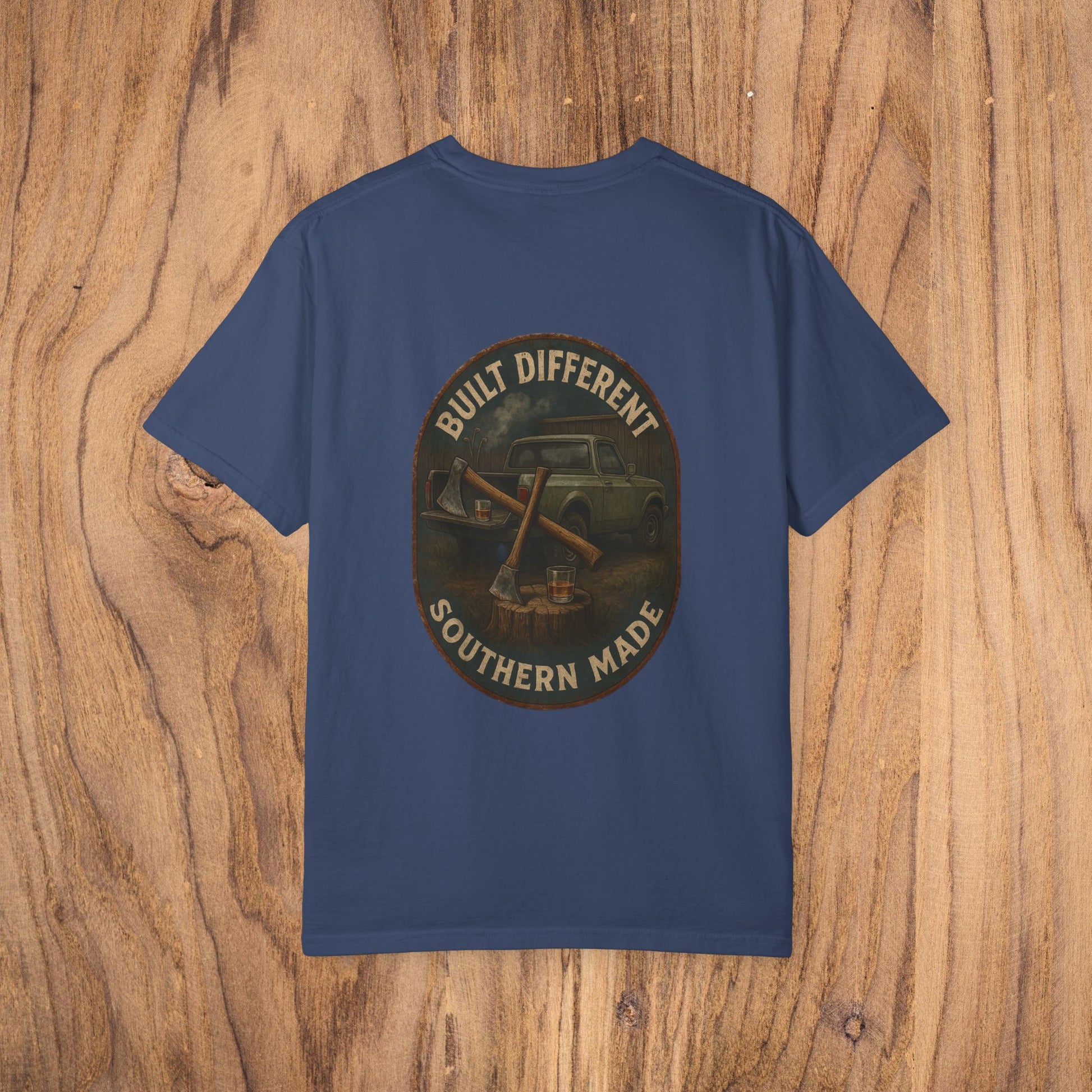 Back view of a Premium Southern Made T-Shirt featuring a vintage-inspired graphic saying 'BUILT DIFFERENT', great for casual fashion.