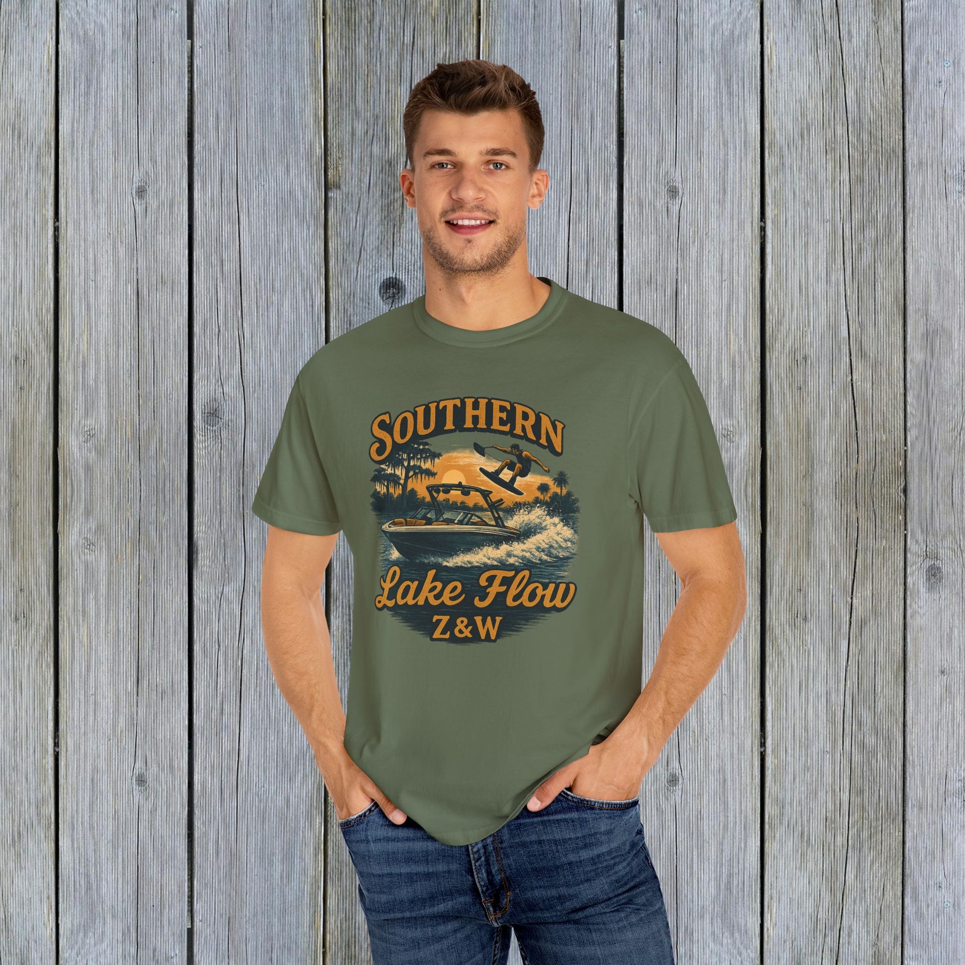 Southern Lake Flow T-Shirt worn by a model in green, demonstrating its stylish fit and eco-friendly fabric, ideal for lake adventures.