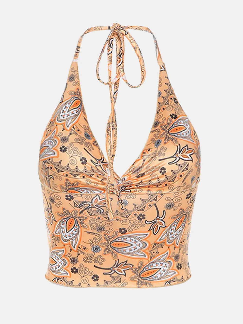 Close-up of the Trendy Printed Halter Neck Cami Top, focusing on the vibrant patterns and material, ideal for fashion-forward summer looks.