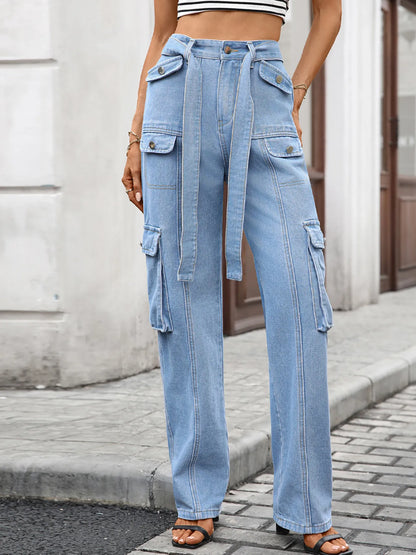 Front view of High-Waisted Multi-Pocket Cargo Jeans displaying its unique pocket design and casual fit.