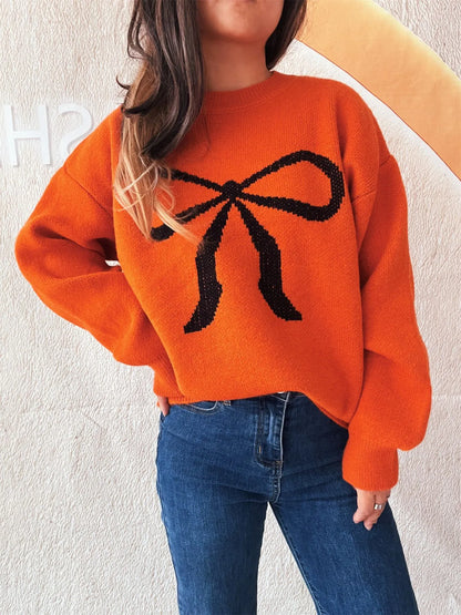 Stylish bow pattern casual long sleeve sweater showcased in orange color. Ideal for effortless everyday wear.