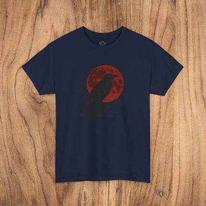 Gothic Raven T-Shirt in navy blue, showcasing a striking raven silhouette with a red moon background, ideal for unique spooky gifts and Halloween attire.