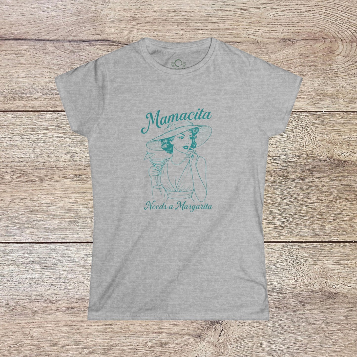 Mamacita Margarita Cotton Tee in gray, featuring a chic illustration of a woman enjoying a margarita, crafted from soft, ethical cotton and designed for durability.