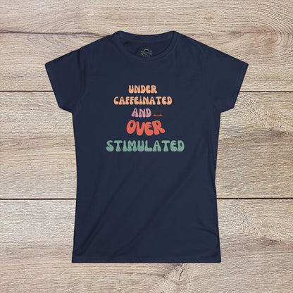 Under-Caffeinated Over-Stimulated Hoodie in deep navy shade with creative text, highlighting a large kangaroo pouch and adjustable drawstring for enhanced comfort.