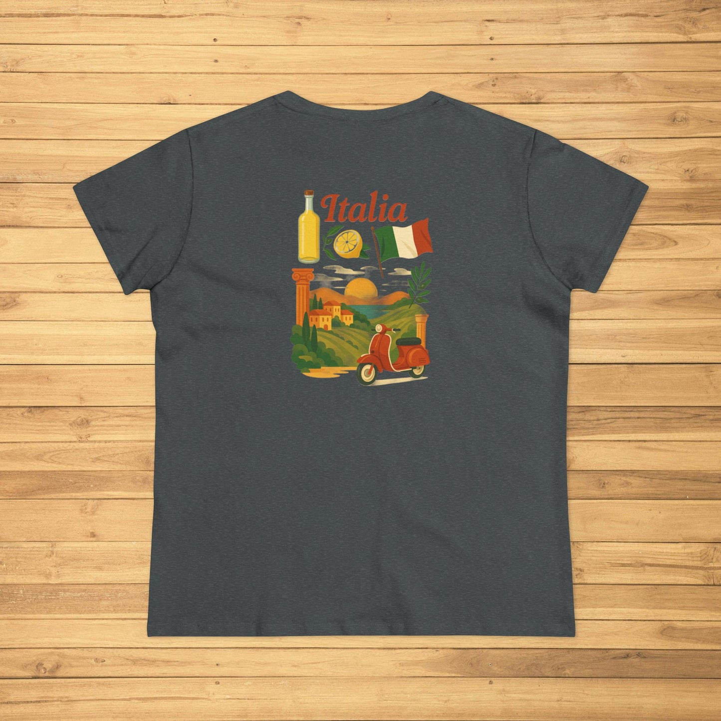 Back view of a Unisex Ultra Cotton Tee with Italian Heritage Design in charcoal gray, featuring an artistic representation of Italy, including iconic symbols.