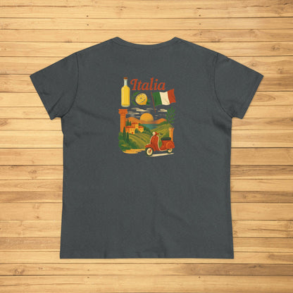 Back view of a Unisex Ultra Cotton Tee with Italian Heritage Design in charcoal gray, featuring an artistic representation of Italy, including iconic symbols.