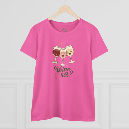 Wine Not Tee in bright pink color, featuring a fun wine glasses illustration designed to bring joy to wine enthusiasts.